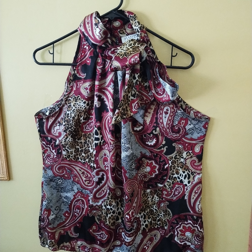 Allison Taylor blouse size L black, maroon,beige leopard print satin fabric.